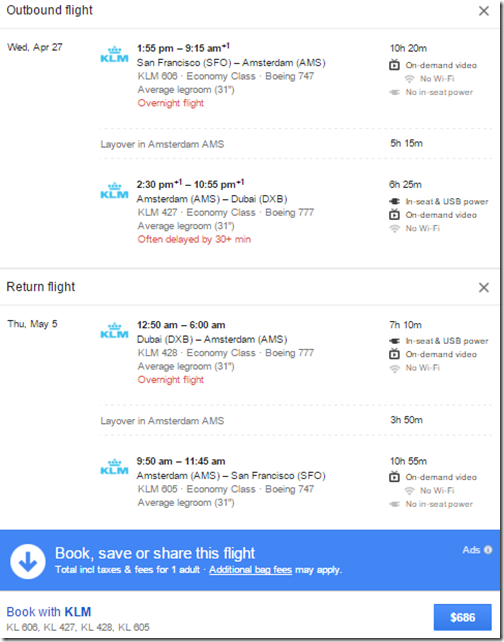 SFO-DXB KL $686 Apr 27-May 5