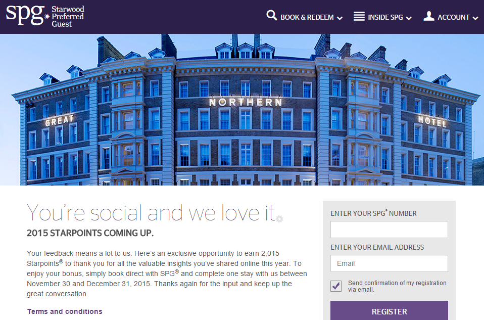 The conversation. Register for 2,015 points on Starwood Hotel stay by ...
