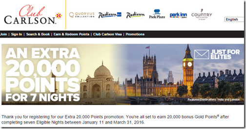 Club Carlson 20K Elites 7 nights Jan11-Mar31-16