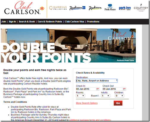 Club Carlson Double Points 2016 rates