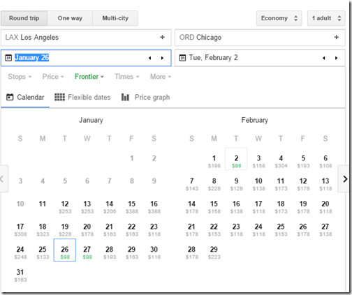 Google Flights LAX-ORD Frontier calendar fare view