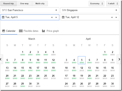 Google Flights SFO-SIN fare calendar Mar-Apr16