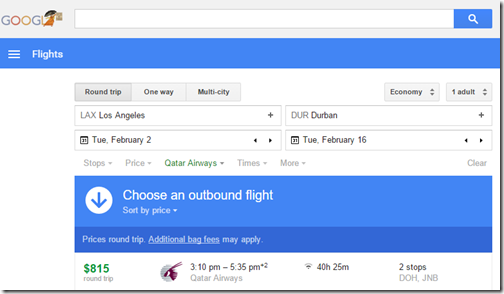 Google Flightss Qatar LAX-DUR $815