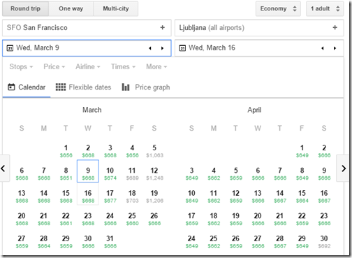 SFO-LJU Google Flights calendar Mar-Apr16