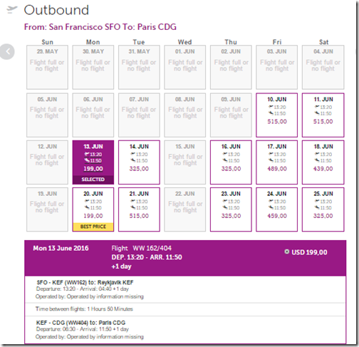 WOW SFO-CDG $199 fare calendar Jun16