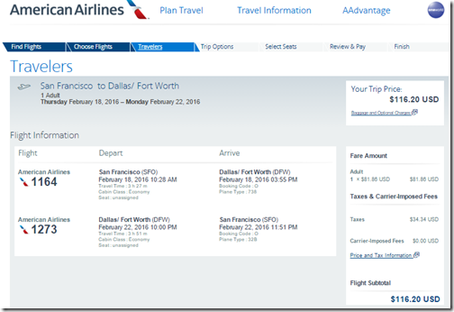 SFO-DFW $116 AA Feb 18-22