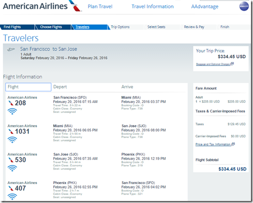 SFO-SJO AA $335 Feb 20-26