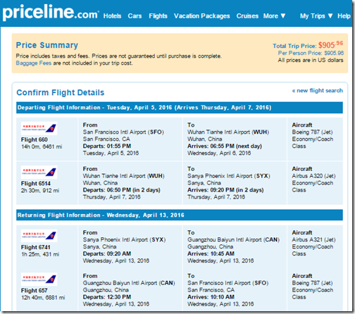 SFO-SYX Sanya rt $906