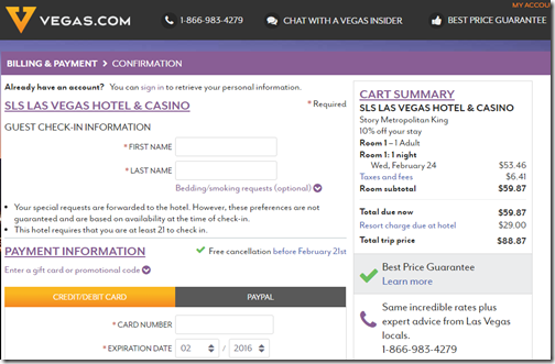 SLS Las Vegas $53 vegasdotcom rate Feb 24