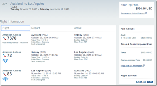 AKL-LAX AA $535 Oct 25 - Nov 12