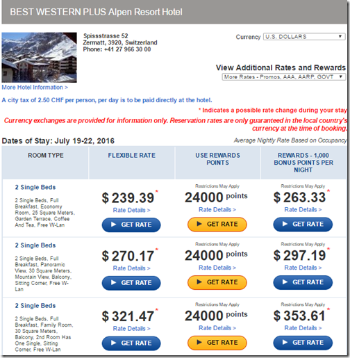 Best Western Zermatt rates July 19-22