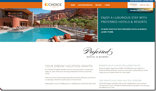Choice Privileges Preferred Hotels webpage