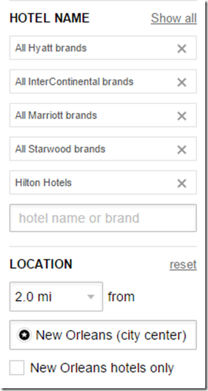 Kayak.com hotel chain filters