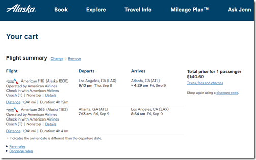 LAX-ATL $141 AS Sep8-9 mileage run