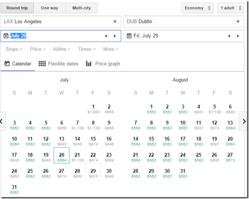 LAX-DUB $559 Google Flights Jul-Aug16 calendars