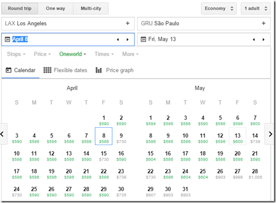 LAX-GRU Google Flights APril-May16 $590