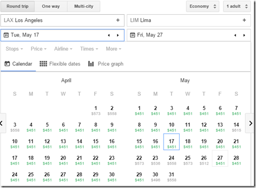 LAX-LIM $451 Copa Google Flights calendar
