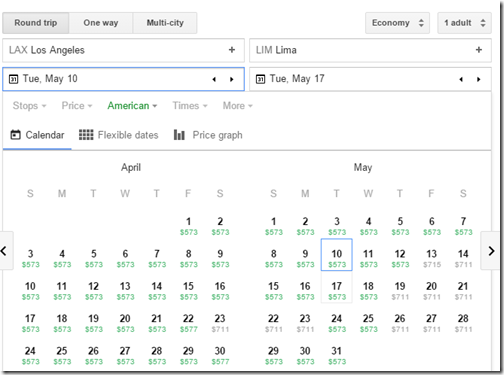 LAX-LIM $573 AA Apr-May Google calendar