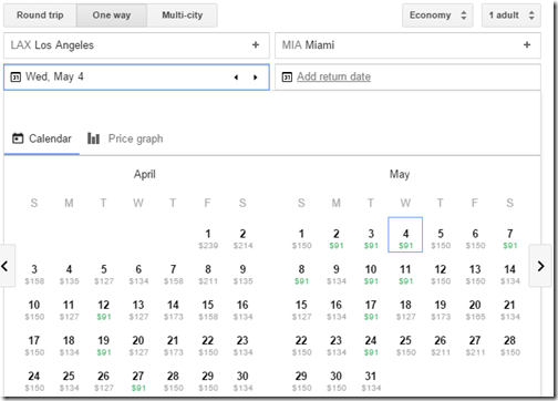 LAX-MIA $91 Google Calendar Apr-May