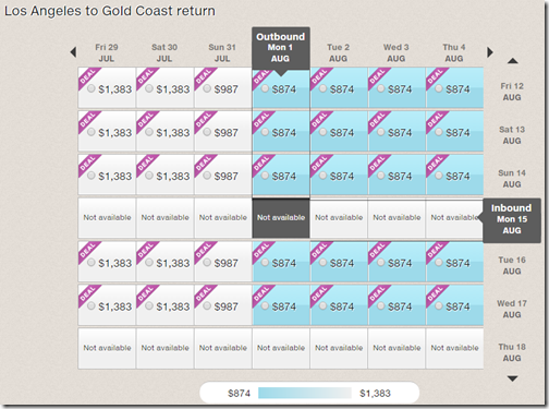 LAX-OOL $874 NZ Aug fare calendar