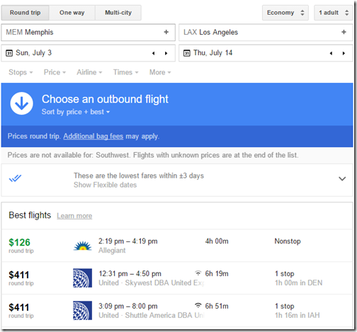 MEM-LAX Google Flights UA $411