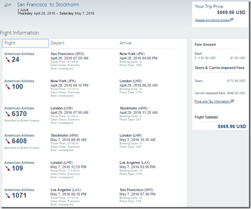 SFO-ARN $670 AA Apr28-May7