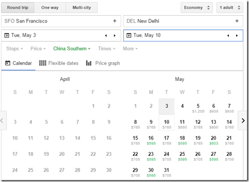 SFO-DEl Google Flights fare calendar-2