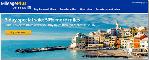 United Mileage Plus 50% bonus Mar31