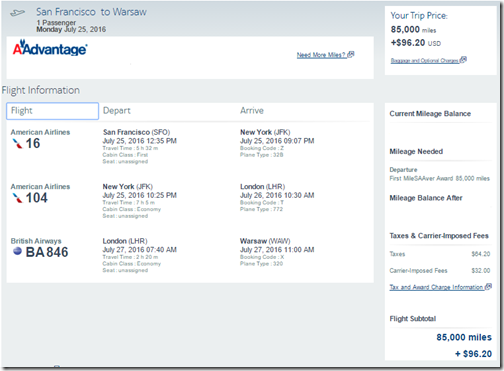 AA July16 award availability-1 SFO-WAW FC