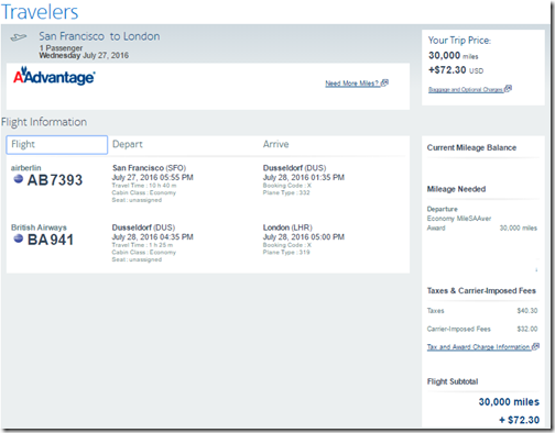 AAdvantage Jul16 awards SFO-LHR Y 30k-$72