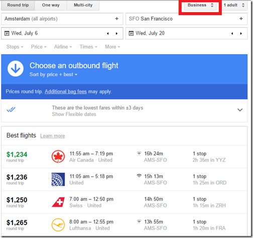 Google Flights AMS-SFO BIZ $1235