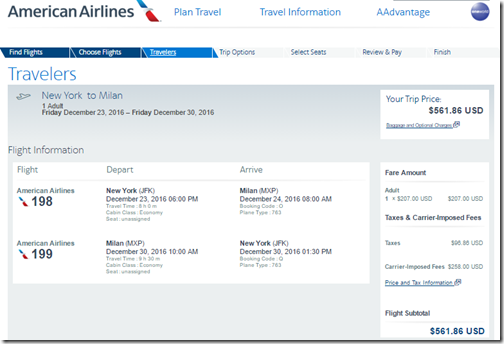 JFK-MXP AA $562 Dec 23-30