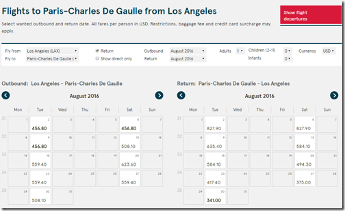 LAX-CDG Norwegian Aug16 fare calendar