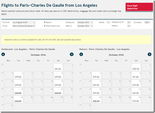 LAX-CDG Norwegian Oct16 fare calendar