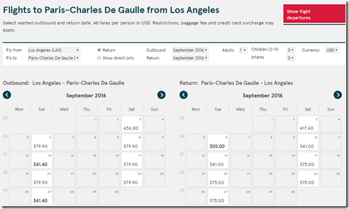 LAX-CDG Norwegian Sep fare calendar