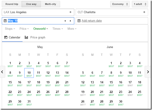 LAX-CLT $537ow AA May-June
