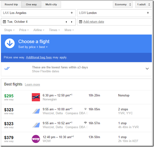 LAX-LGW Google Flights ow fares Oct 4