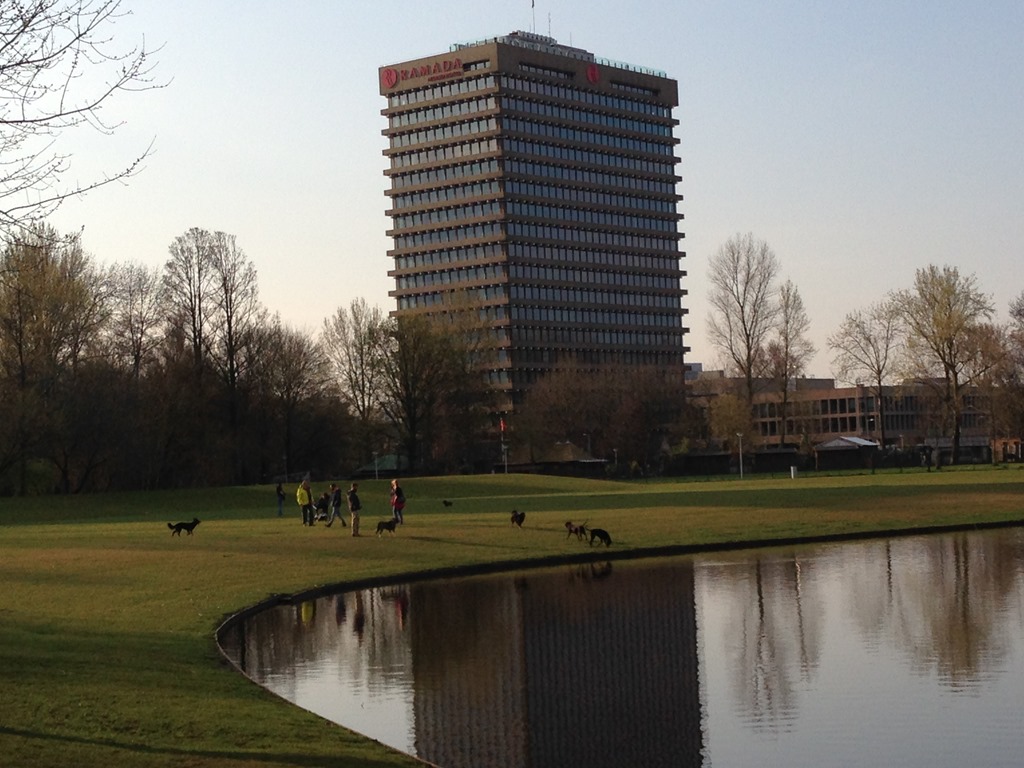 a group of people walking in a park with a building in the background