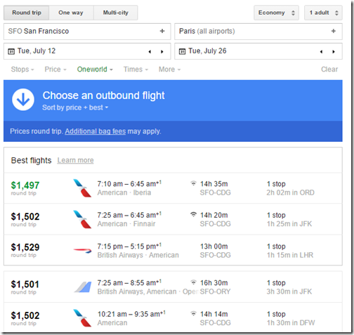 SFO-CDG Google Flights July12-26 $1500