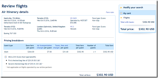 WestJet site BNA-LGW $303