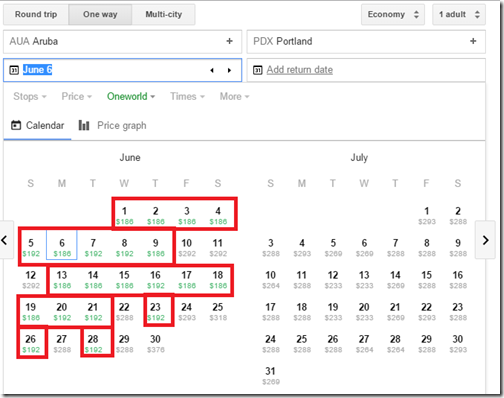 AUA-PDX Google Fare Calendar AA June16