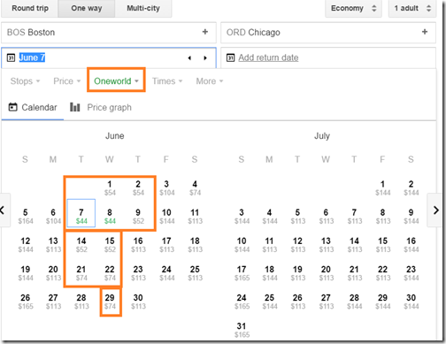 BOS-ORD $44 AA Google Flights calendar June-July