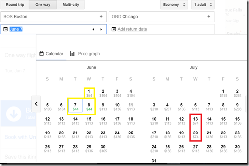 BOS-ORD $44 UA Google Flights calendar June-July16