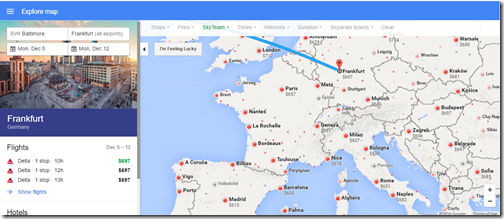 BWI-FRA $697 DL Dec 5-12 Google Flights low fare map