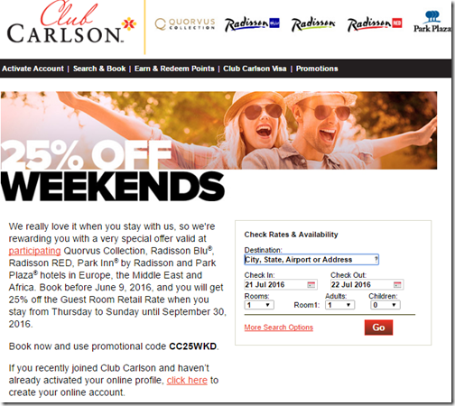 Club Carlson EMEA weekends 25% off
