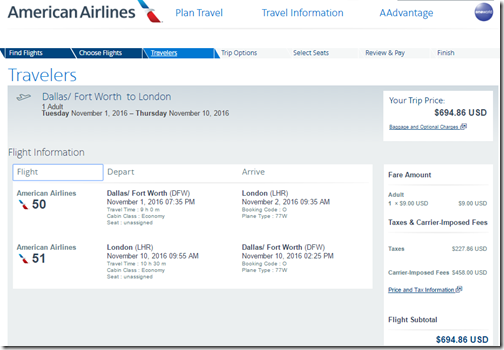 DFW-LHR $695 AA Nov1-10