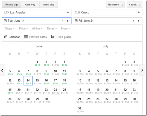 Google Flights LAX-CUZ $543 June16 Avianca