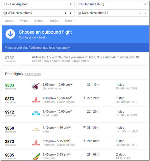 Google Flights LAX-JNB fares