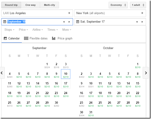 Google Flights LAX-LGA $210 AA Sep-Oct16