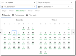 Google Flights LAX-NRT Star Sep-Oct calendar
